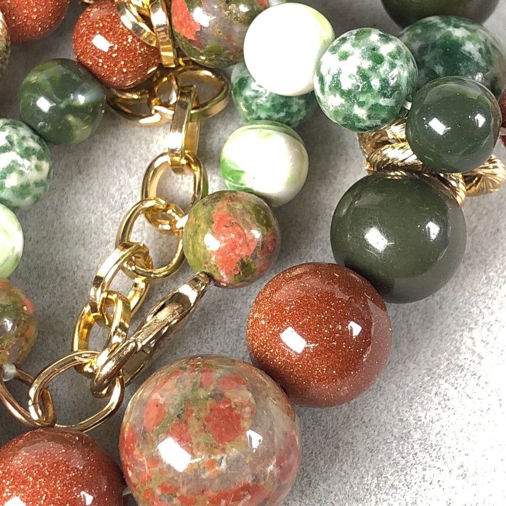 Natural Stone Beads Jewelry Set Unakite Green Jasper Goldstone Gold Tone Spacers - Picture 3 of 11
